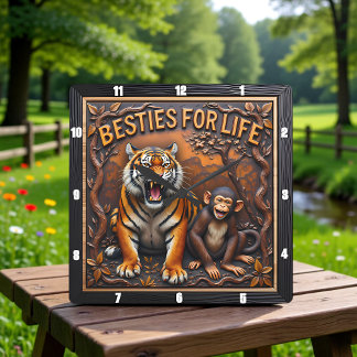 Horloge Carrée Meilleures Amies Singe Tigre Jungle