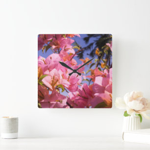Horloge Carrée Mélange de fleurs de bougainvillée roses et orange