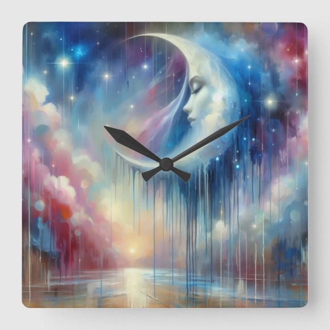Horloge Carrée Mélange de la lune - Bouche murale du ciel pastel (Recto)