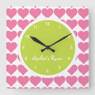 Horloge Carrée Menace de Lime & Pink Heart Print Girl