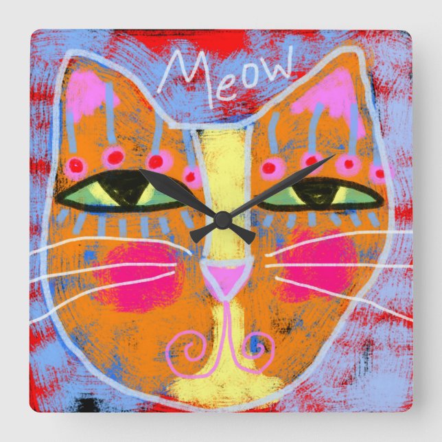 Horloge Carrée Meow Abstrait Cat Art (Recto)