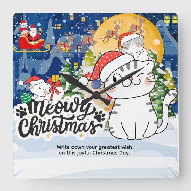 Horloge Carrée Meowy Christmas (Recto)