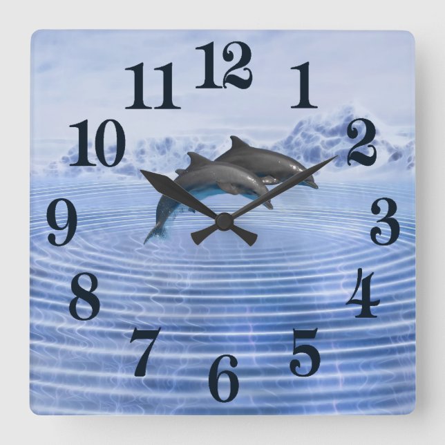 Horloge Carrée Mer bleue de dauphins en clair (Recto)