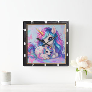 Horloge Carrée Mère bébé licorne arc-en-ciel