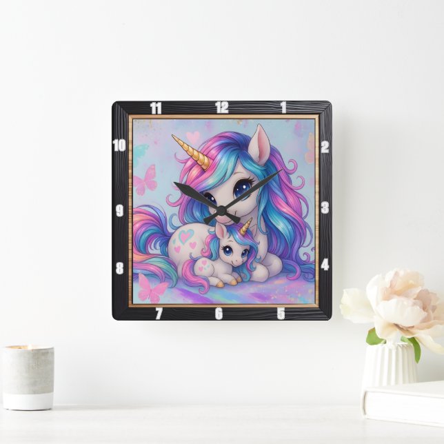 Horloge Carrée Mère bébé licorne arc-en-ciel (Maison)