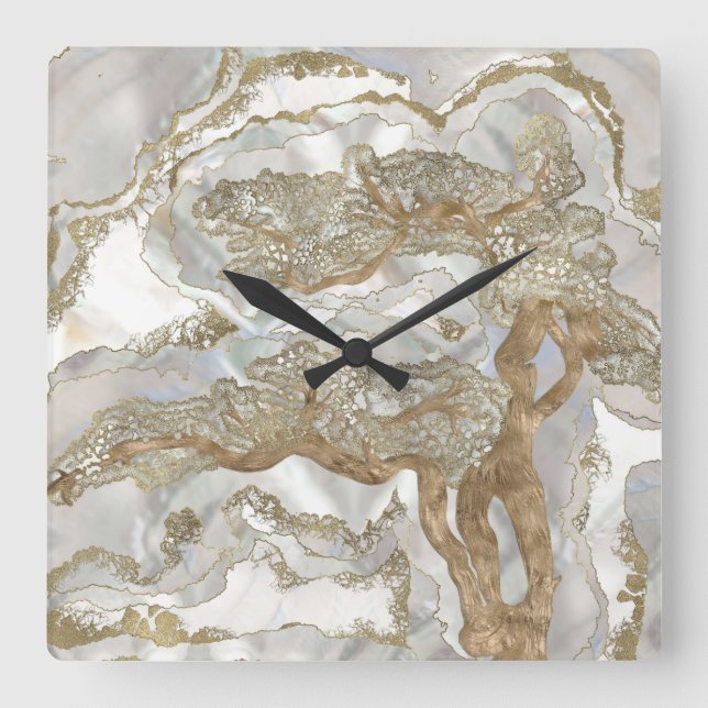 Horloge Carrée Mère de perle Arbre d'Or (Recto)