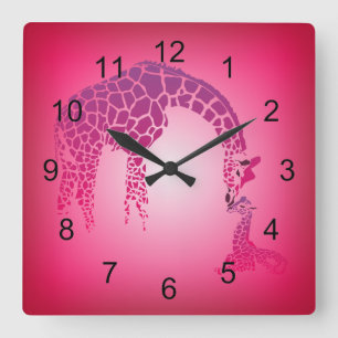 Horloge Carrée Mère et mignonne Giraffe Bébé fuchsia