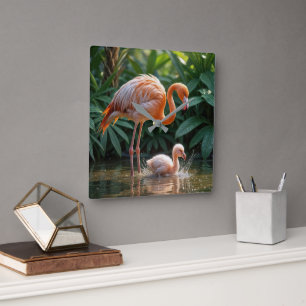 Horloge Carrée Mère Flamant rose avec poussin