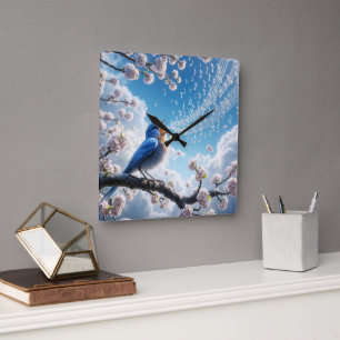 Horloge Carrée Merle Bleue Chantant Sur une Branche de Cerisier