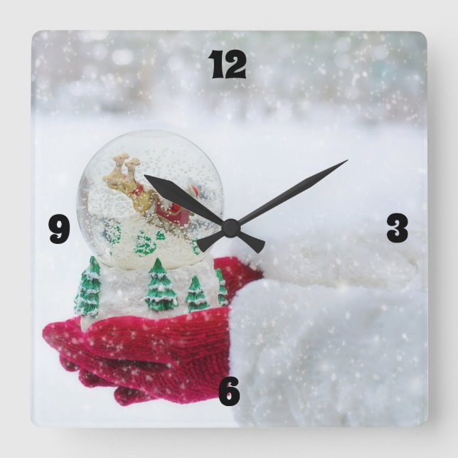 Horloge Carrée Merry Christmas et Santa Snow Globe (Recto)