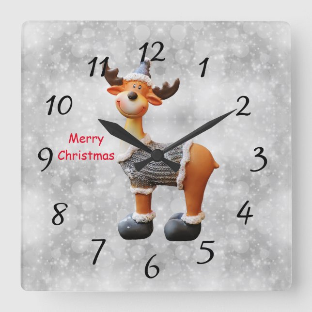Horloge Carrée Merry Christmas moose wearing a hat      (Recto)