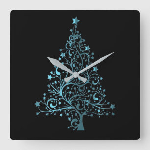Horloge Carrée Métallc Blue Stars Christmas Tree Elegant Black