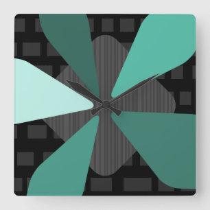 Horloge Carrée Mi-siècle Art moderne "Pétales" Noir Turquoise