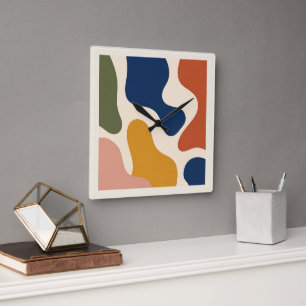 Horloge Carrée Mid-Century Modern Abstract Organic Shapes Square