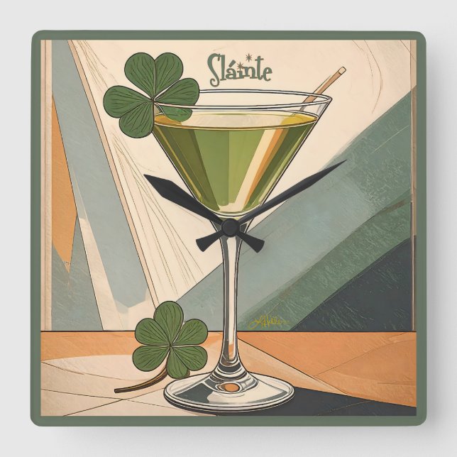 Horloge Carrée Mid Century Modern Art Shamrock Martini Sláinte!  (Recto)