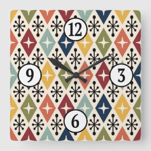 Horloge Carrée Mid Century Moderne Rétro Motif Starburst