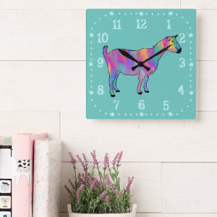 Horloge Carrée Mignon Art Animalier Coloré Chèvre