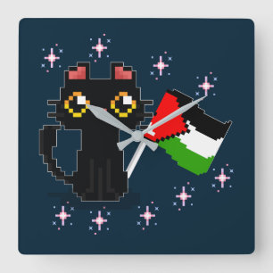 Horloge Carrée mignon chat noir tient drapeau de la Palestine
