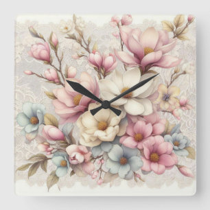 Horloge Carrée Mignon chic féminin floral et dentelle