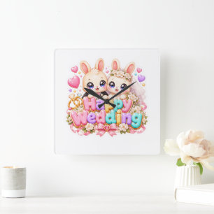 Horloge Carrée Mignon Kawaii Joyeux Mariage Lapin Couple Pastel R