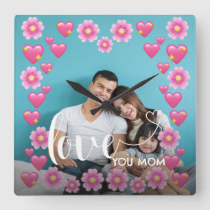 Horloge Carrée Mignonne COEUR T'AIME MÈRE Fête des Mères Photo