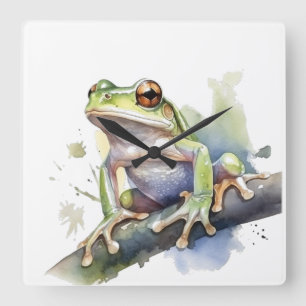 Horloge Carrée mignonne grenouille d'arbre assise sur une branche