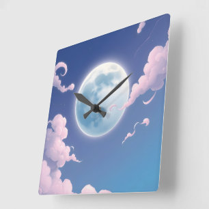 Horloge Carrée Mignonne illustration lunaire dans le ciel nocturn