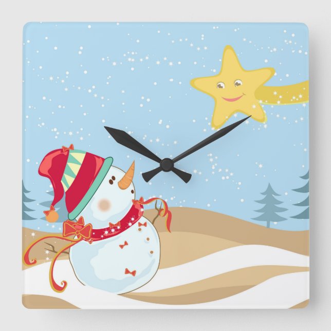 Horloge Carrée Mignonne Snowman Horaire du mur de vacances (Recto)