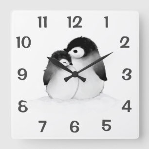 Horloge Carrée Mignons pingouins personnalisés Couche murale de 