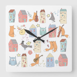 Horloge Carrée Mignons renards/choux/maisons/enfants/crèche blanc