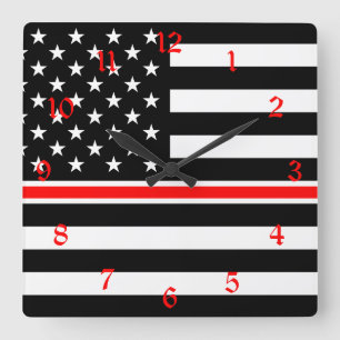 Horloge Carrée Mince Red Line Pompiers Héros Drapeau américain