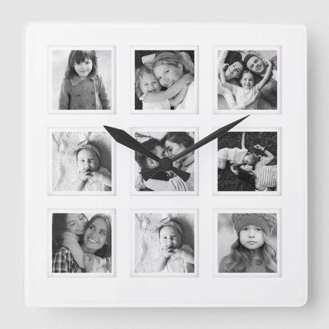 Horloge Carrée Mini moderne 9 grille Matboard noir & blanc photo (Recto)