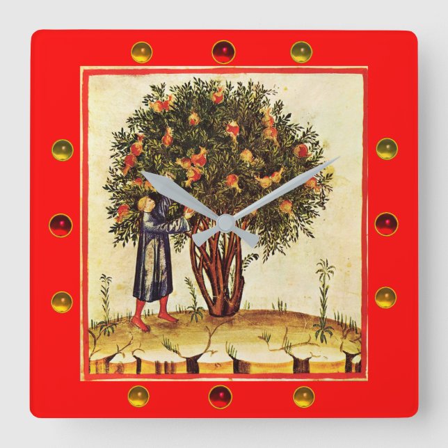 Horloge Carrée MINIATURE MÉDIÉVALE DE L'ARBRE POMGRANATE, Pierres (Recto)