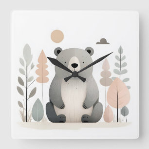 Horloge Carrée Minimaliste Boho Bear Woods mignonne Nursery Kids