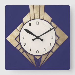 Horloge Carrée Minuscule Marine Bleu Art Déco Géométrique Diamant