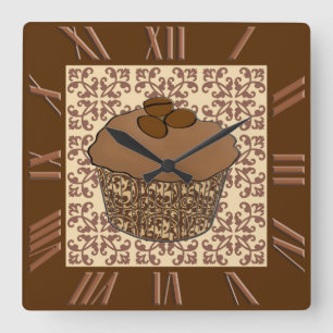 Horloge Carrée Mocha / Cupcake glacé au café, fond de dentelle