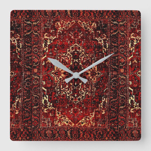 Horloge Carrée Modèle de tapis oriental en rouge foncé  (Recto)