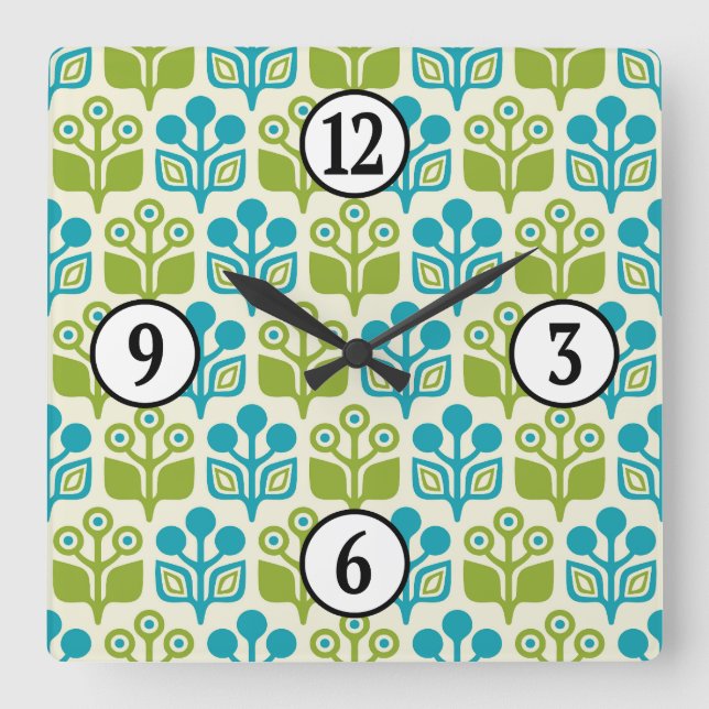 Horloge Carrée Modèle Floral Moderne Du Milieu Du Siècle (Recto)