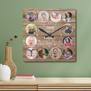 Horloge Carrée Modèle rond de 12 photos en bois rustique Citation