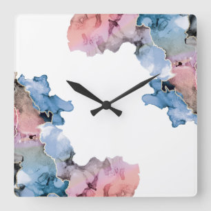 Horloge Carrée Modern Abstract Paint Splash Inks Blue Pink