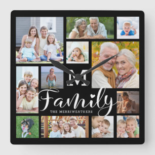 Horloge Carrée Modern Script FAMILLE Nom Photo Collage Monogramme