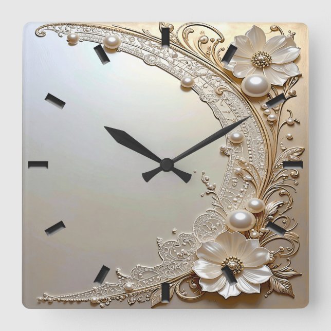 Horloge Carrée Modern White Flowers Pearls Wall Clock (Recto)