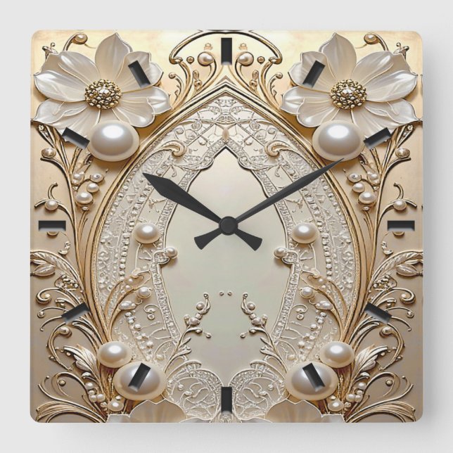 Horloge Carrée Modern White Flowers Pearls Wall Clock (Recto)