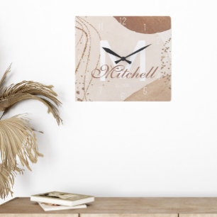 Horloge Carrée Moderne Abstraction de Monogramme Personnalisé