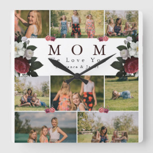 Horloge Carrée Moderne Botanique Floral Maman 8 Photo Collage cad