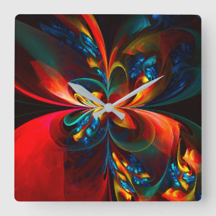 Horloge Carrée Moderne Floral Abstrait Art Orange Bleu Motif #14