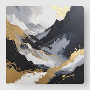 Horloge Carrée Moderne Luxe Acrylique Abstraite Noir et Or
