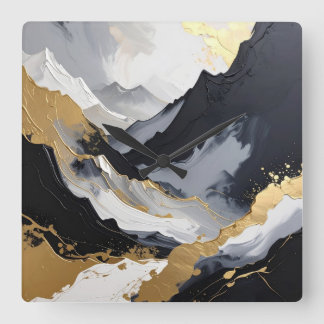 Horloge Carrée Moderne Luxe Acrylique Abstraite Noir et Or