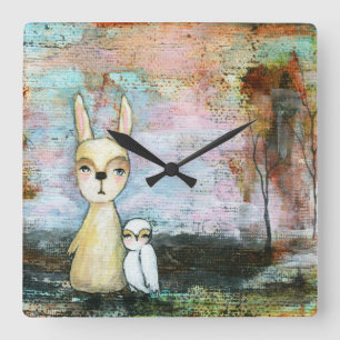 Horloge Carrée Mon meilleur ami Whimsical Rabbit Owl Woodland Art