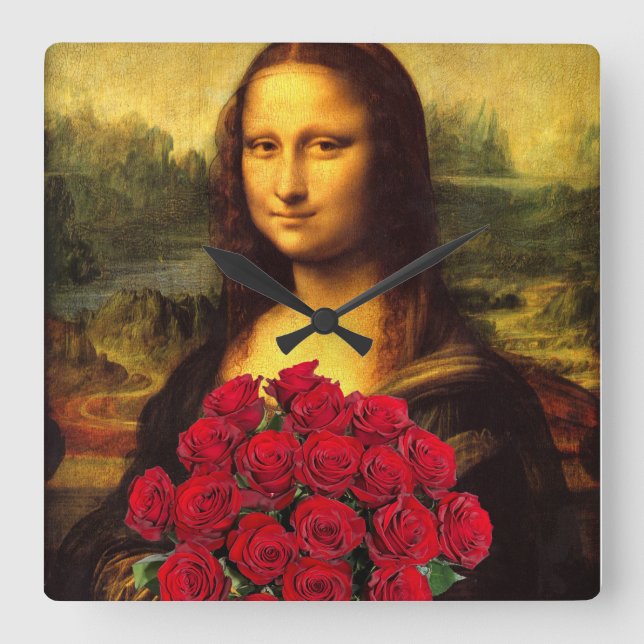 Horloge Carrée Mona Lisa Avec Bouquet De Roses Rouges (Recto)
